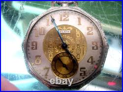 10 Sided Fancy Case & Dial Elgin Pocket Watch 25 Year White Gold / Chain & Knife
