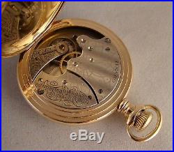 115 YEARS OLD WALTHAM 14k GOLD FILLED HUNTER CASE FANCY DIAL GREAT POCKET WATCH