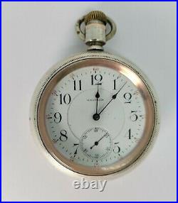 120 YEAR OLD WALTHAM VANGUARD 23j STERLING CASED OPEN FACE 18s RR POCKET WATCH