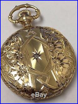 14K Gold WALTHAM Riverside Pocket Watch Hunter Case 17-Jewel FANCY CASE WithDIAMON