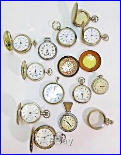14 Vintage Antique Pocket Watches And Watch Casings For Parts Or Repair