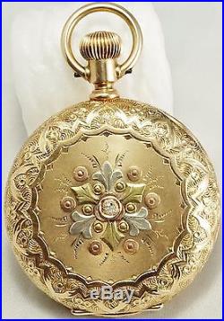 14k Multi color Waltham 7 jewel Grade J 6s Ornate Case Pocket Watch with diamond