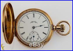 14k Yellow Gold Elgin Full Hunter Pocket Watch 7 Jewel Size 6S Guilloche Case