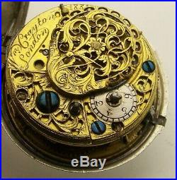 1700's Silver Repousse Fancy Painted Dial English Pair Cased Verge Fusee 47mm