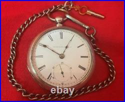 1883 ELGIN COIN SILVER 18s POCKET WATCH KEY WIND & KEY SET CASE WITH CHAIN RUNS