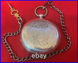 1883 ELGIN COIN SILVER 18s POCKET WATCH KEY WIND & KEY SET CASE WITH CHAIN RUNS