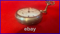 1883 ELGIN COIN SILVER 18s POCKET WATCH KEY WIND & KEY SET CASE WITH CHAIN RUNS