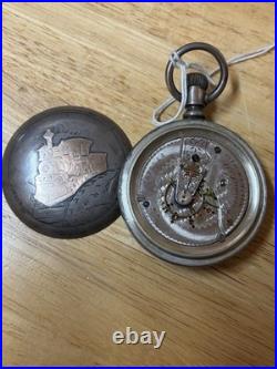 1885 American Waltham Pocket Watch Coin Silver Case 10K Gold Train Inlay