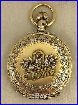 1887 14K Tri-Color Gold Elgin Pocket Watch Hunter Case Diamonds AMAZING