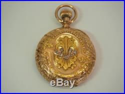 1888 HAMPDEN 14K GOLD LADIES POCKET WATCH IN BEAUTIFUL CASE with 7 DIAMONDS 15J 6S