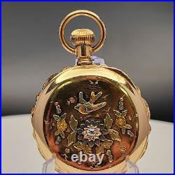 1892 Elgin 118 6s 11j 14k Gold Hunter Case Pocket Watch with Mine Cut Diamond