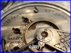 18SZ Elgin Pocket Watch 60 MM-Rhinestones -Serviced-15J-5OZ coin 1/2 Hunter Case