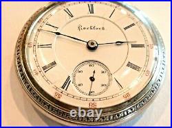 18SZ Rockford Pocket Watch in Nice Case- + Fob 9 J Serviced, Keeps Time -1893