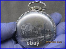18S Keystone, locomotive engraved, antique pocket watch case (F22)
