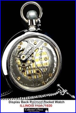 18 Size High End TWO TONE Movement Display Case RR Pocket Watch ILLINOIS