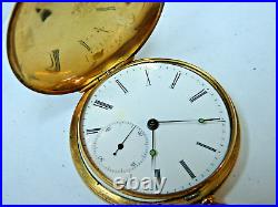 18k Solid Gold, 6 size Hunter Case Swiss Pocket Watch late 1800s