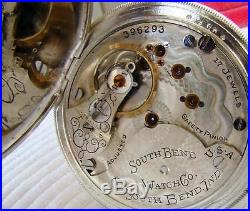 1904 SOUTH BEND Pocket Watch 17 Jewels in ORNATE ENGRAVED HUNTER CASE 18s Runs