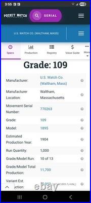 1904 U. S Watch Co. (Waltham, Mass) 16s, 7j, Grade 109 Pocketwatch 20 Year GF Case
