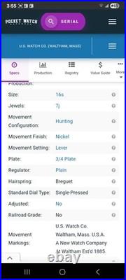 1904 U. S Watch Co. (Waltham, Mass) 16s, 7j, Grade 109 Pocketwatch 20 Year GF Case