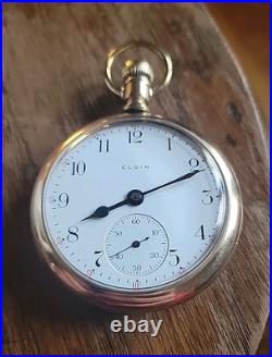 1907 ELGIN 16s 17j Grade 340 Model 7 Pocket Watch Gold Filled Case RUNS