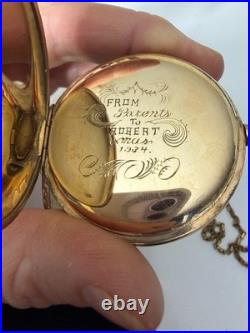 1914 Waltham Grade 620 POCKET WATCH Gold Filled Hunter Case, chain, knife