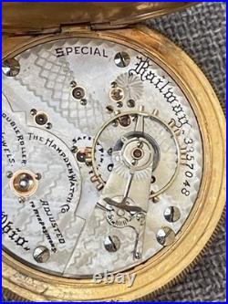 1915 Hampden Watch Co 23 Jewel 18s Railway Special Pocket Watch GF Ornate Case