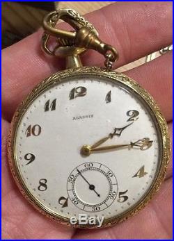 1920 21j Swiss Agassiz 14K Gold Filled Engraved Pocket Watch Orig Case Box
