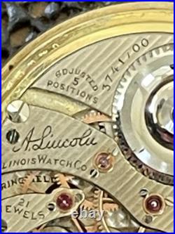 1920 Illinois A. Lincoln Pocket Watch 21j 12s Mod 3 Gold Filled Case Ornate Runs