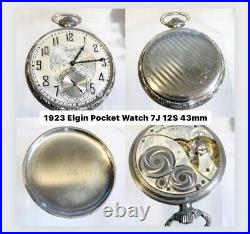 1923 Elgin Pocket Watch 7J 12S 43mm 29,412,076 Silver Tone Case Running