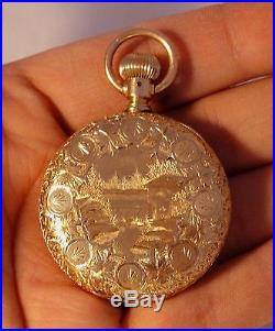 19thC Antique Scenic Engraved 14kt Hunter Case Elgin Pocket Watch, NR