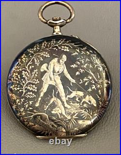 19th Swiss 800 Solid Silver Niello Hallmark Hunter Pocket Watch Case Only
