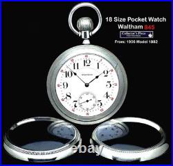 21 Jewels 18 Size High End Display Case RR Pocket Watch Waltham 845. Working