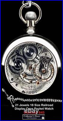 21 Jewels Display Case HIGH END Railroad Pocket Watch Waltham 845. Working