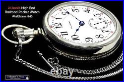 21 Jewels Display Case HIGH END Railroad Pocket Watch Waltham 845. Working