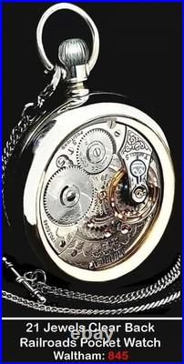 21 Jewels Display Case HIGH END Railroad Pocket Watch Waltham 845. Working