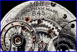21 Jewels Display Case HIGH END Railroad Pocket Watch Waltham 845. Working