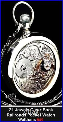 21 Jewels Display Case HIGH END Railroad Pocket Watch Waltham 845. Working