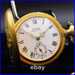 AERO NEUCHATEL Hand-wound Pocket Watch Hunter Case Gold Working Item From Japan