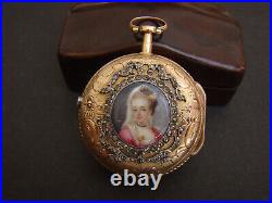 ANTIQUE 18k SOLID GOLD DIAMOND & ENAMEL PAIR CASED POCKET WATCH Cca. 1780 / BOX