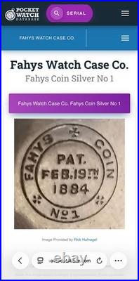 American Waltham pocket watch 1883 serial #4334043 FAHYS Coin silver case