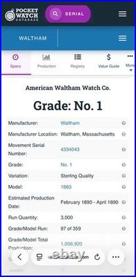 American Waltham pocket watch 1883 serial #4334043 FAHYS Coin silver case