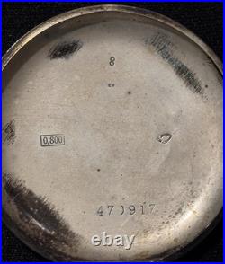 Antique 0.800 Silver Swiss Pocket Watch Engraved Case Roman Numeral Dial