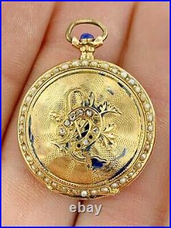 Antique 14K Gold Swiss Pocket Watch Case ONLY Blue EnamelDiamonds & Seed Pearls