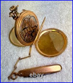 Antique 15 Jewels Illinois Pocket Watch with Chain& Knife Fob Gold F Case