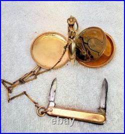Antique 15 Jewels Illinois Pocket Watch with Chain& Knife Fob Gold F Case