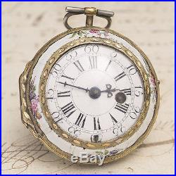 Antique 1720-1730 French Regency PAINTED PORCELAIN CASE VERGE FUSEE Pocket Watch