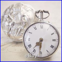 Antique 1766 REPOUSSE Silver PAIR CASE VERGE FUSEE Pocket Watch Running