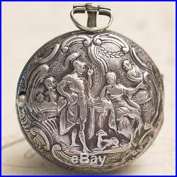 Antique 1768 REPOUSSE Silver PAIR CASE VERGE FUSEE Pocket Watch running