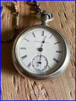 Antique 1889 Elgin 18s Pocket Watch with Keystone Silveroid Case & Chain Runs