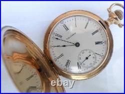 Antique 1890 14k solid yellow gold full hunter's case waltham pocket watch